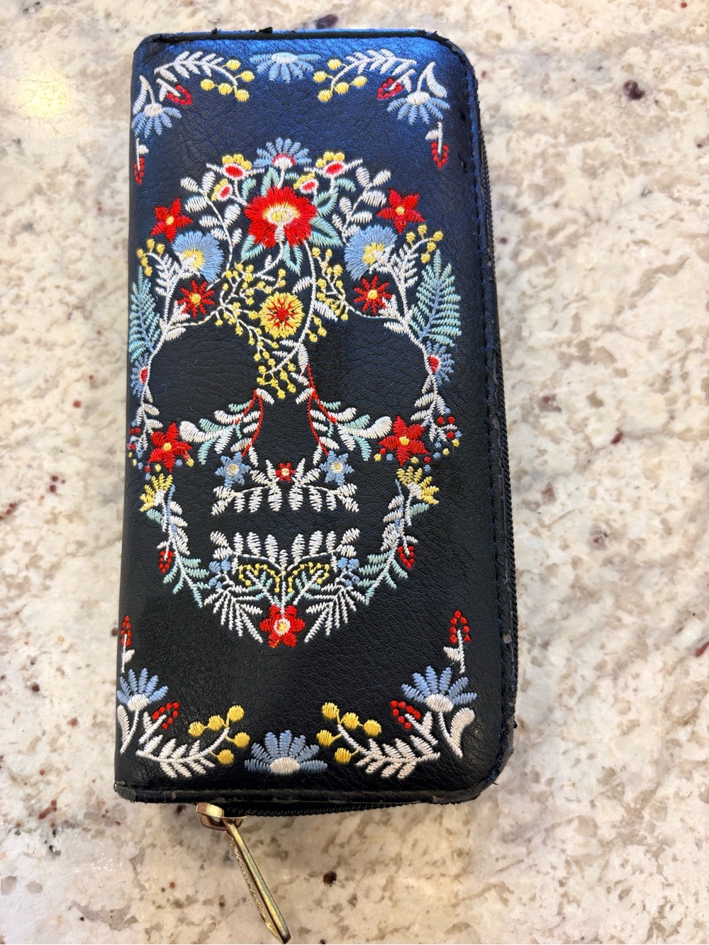 Loungefly Black Floral Skull Embroidered Zip Phone Case
